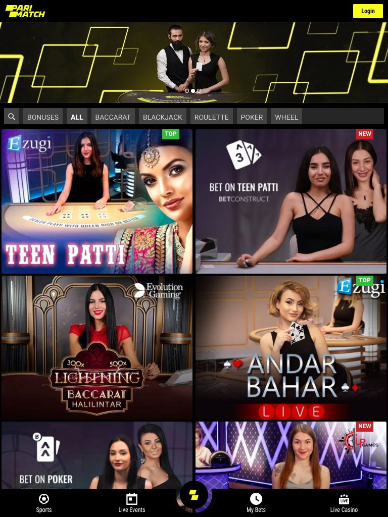 Parimatch live casino tablet