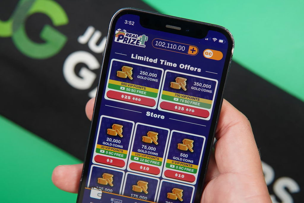 Patrik Lidin holding an iPhone showing offers for RealPrize coin packages.