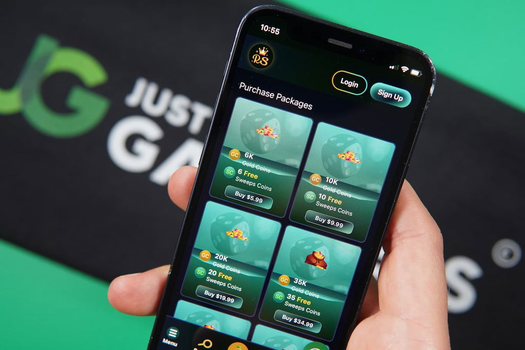 Patrik Lidin holding an iPhone with the RichSweeps casino purchases page loaded on the webpage.