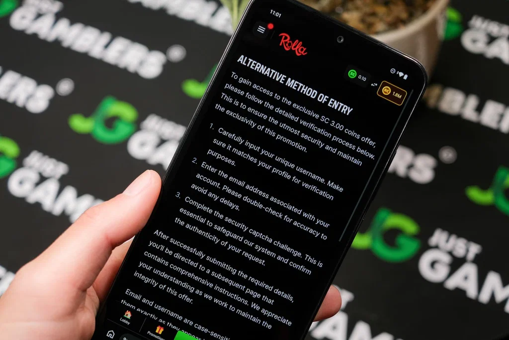 Angela Zillich holding an Android Phone with Rolla casino AMOE page loaded on the webpage.
