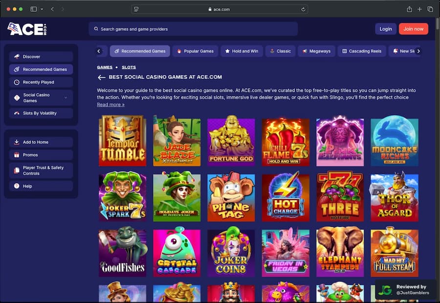 Desktop screenshot of the promo page at Ace Casino.
