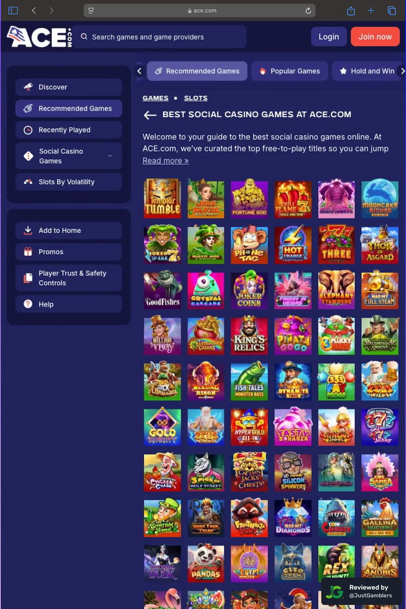 Tablet screenshot of the promo page at Ace Casino.