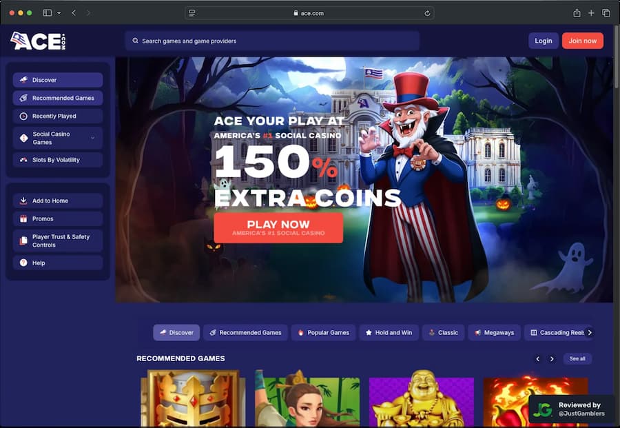 Desktop screenshot of the starting page at Ace Casino.