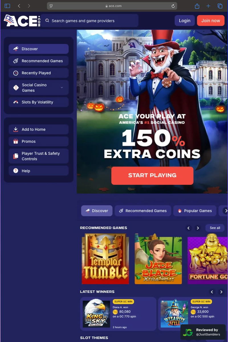 Tablet screenshot of the starting page at Ace Casino.