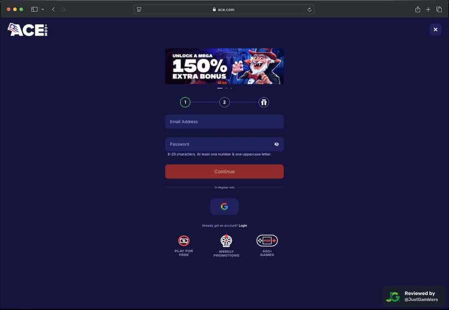 Desktop screenshot of the registration page at Ace Casino.