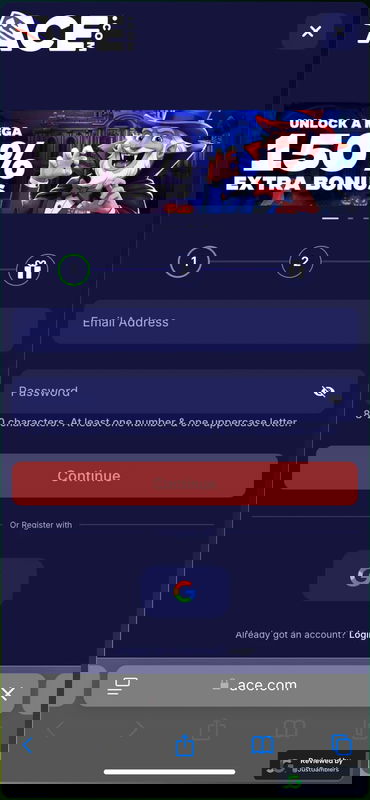 Mobile screenshot of the registration page at Ace Casino.