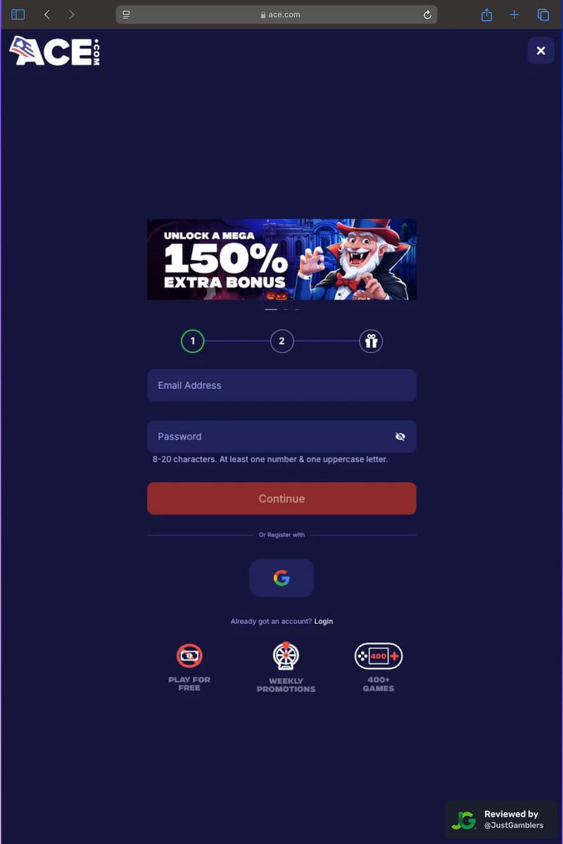 Tablet screenshot of the registration page at Ace Casino.