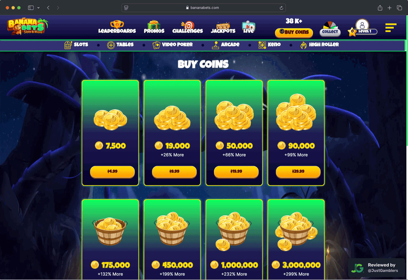 Desktop screenshot of the coin purchase process at Banana Bets.
