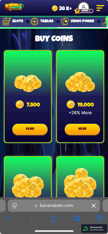 Mobile screenshot of the coin purchase process at BananaBets.