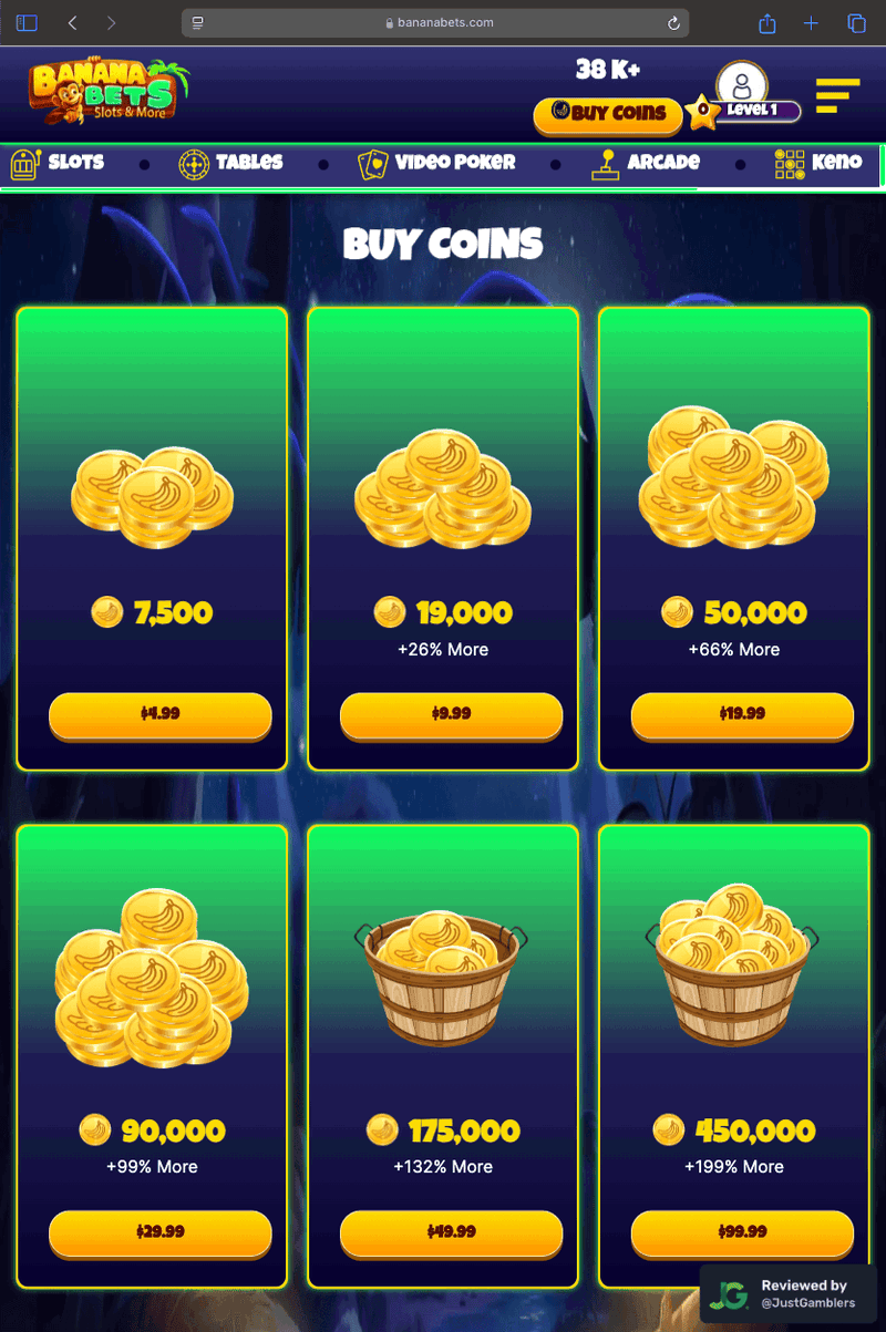 Tablet screenshot of the coin purchase process at BananaBets.
