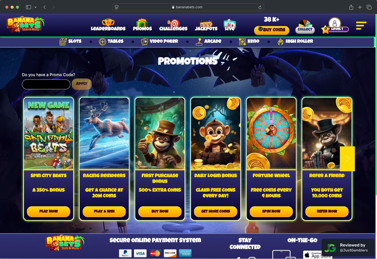 Desktop screenshot of the promo page at BananaBets.