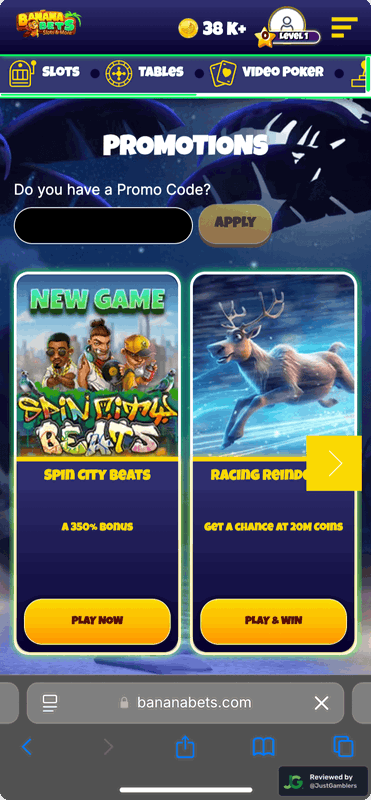 Mobile screenshot of the promo page at BananaBets.