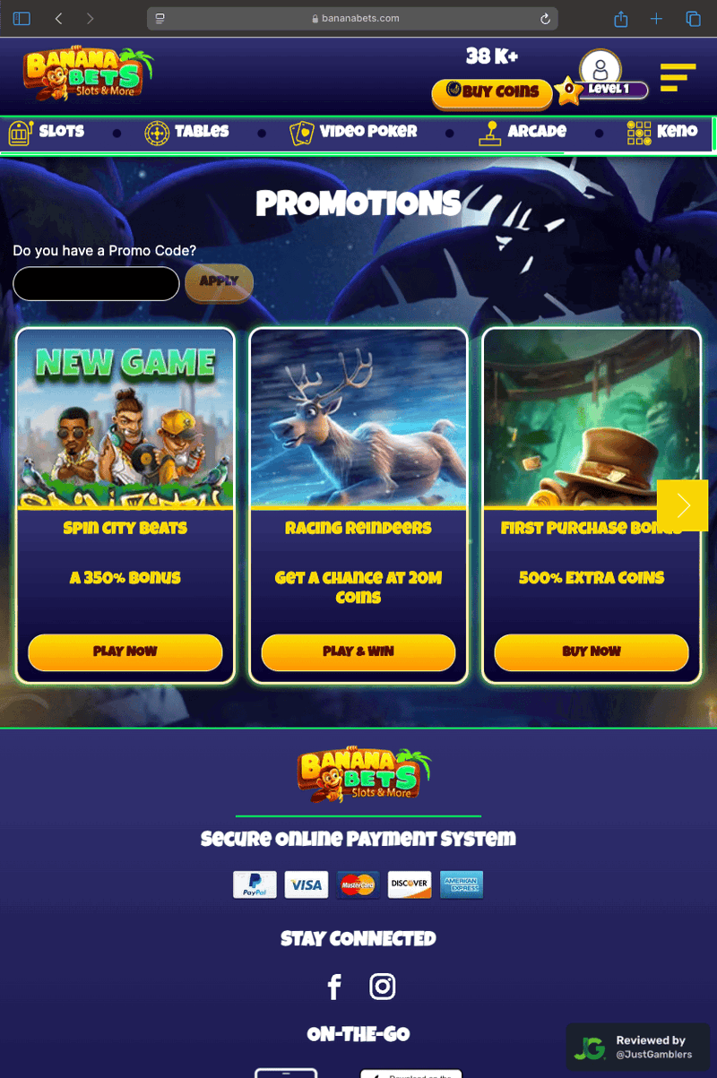 Tablet screenshot of the promo page at BananaBets.