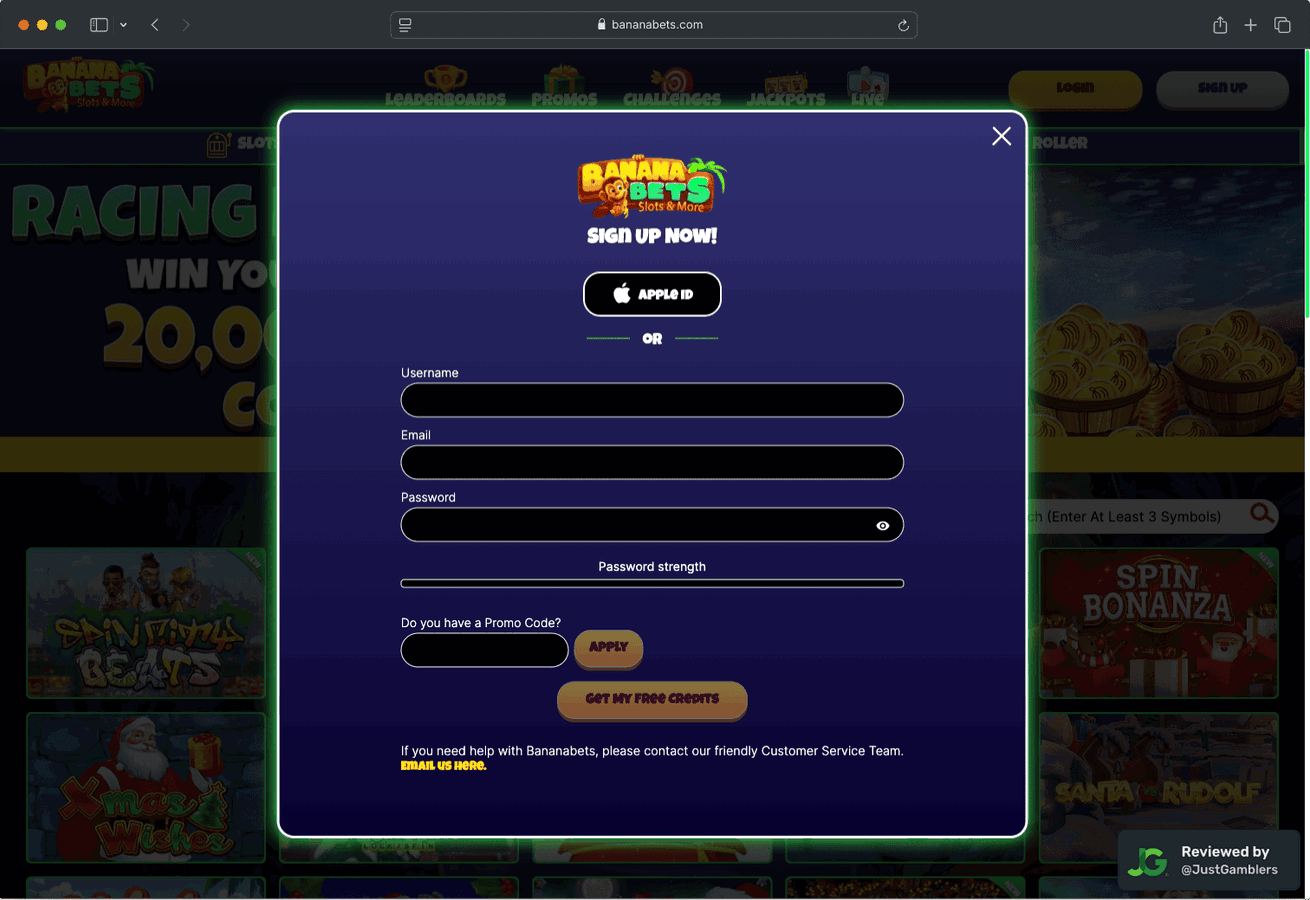 Desktop screenshot of the registration page at BananaBets.