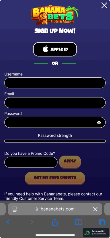 Mobile screenshot of the registration page at BananaBets.