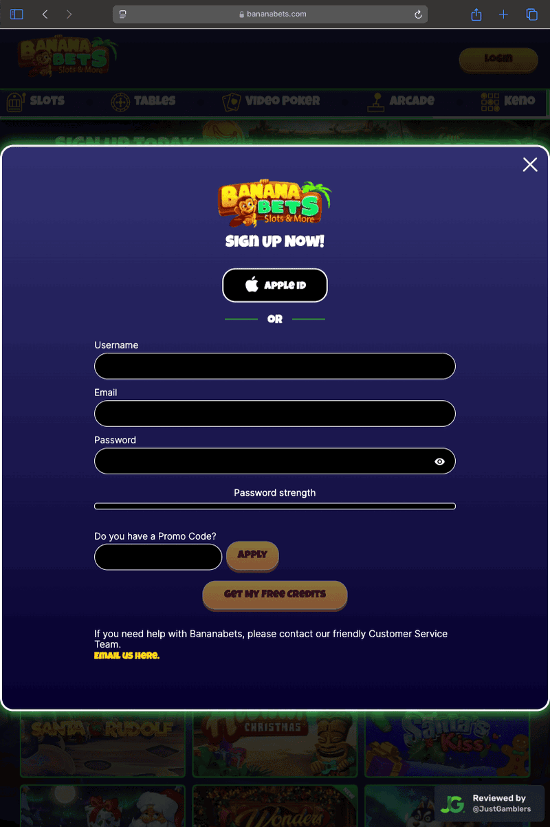 Tablet screenshot of the registration page at BananaBets.