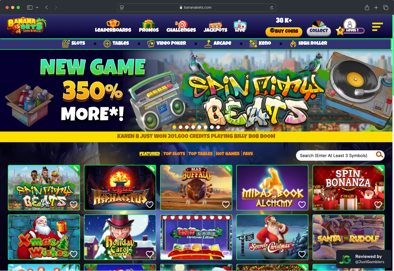 Desktop screenshot of the starting page at BananaBets.