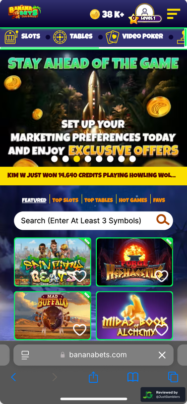 Mobile screenshot of the starting page at BananaBets.