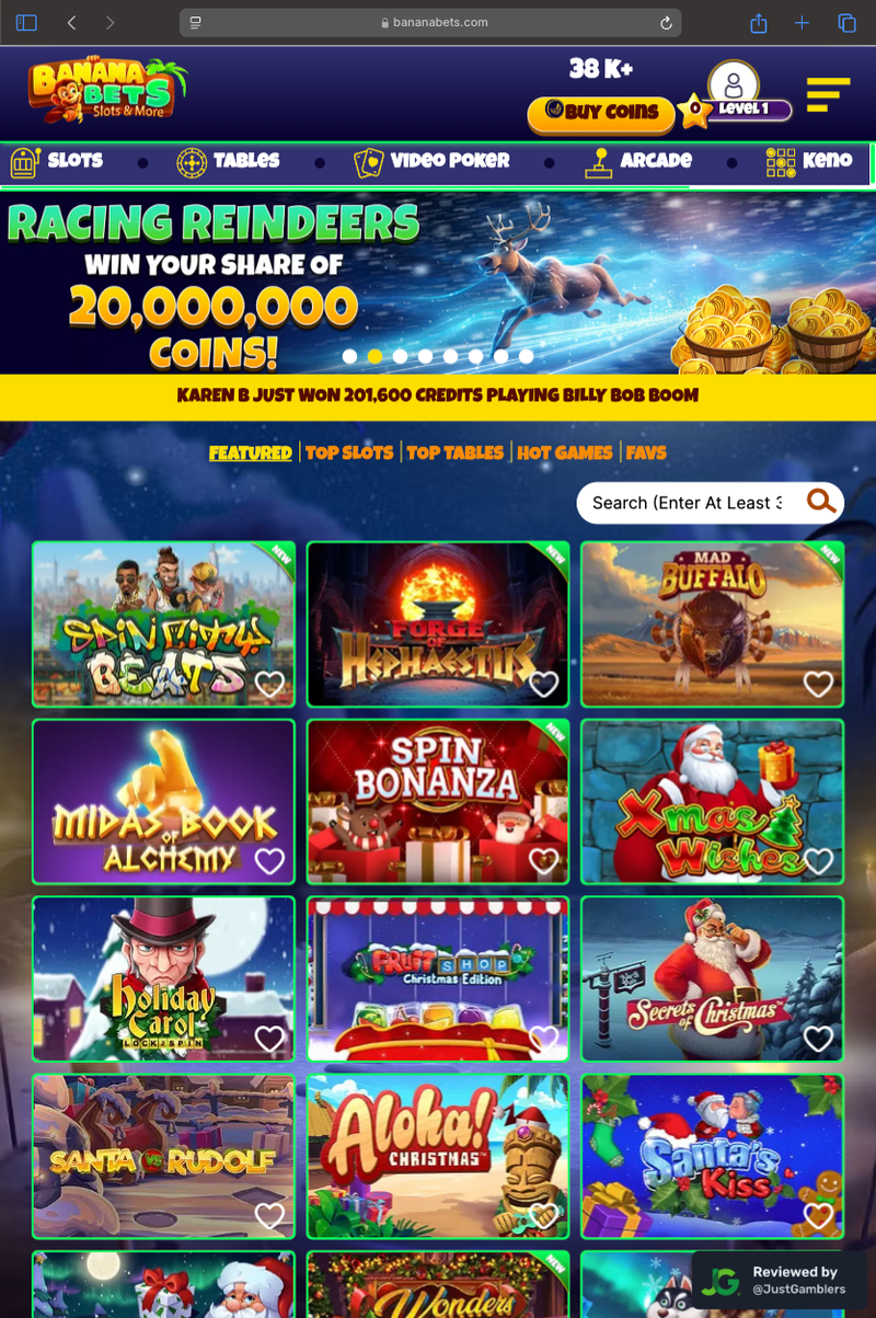 Tablet screenshot of the starting page at BananaBets.