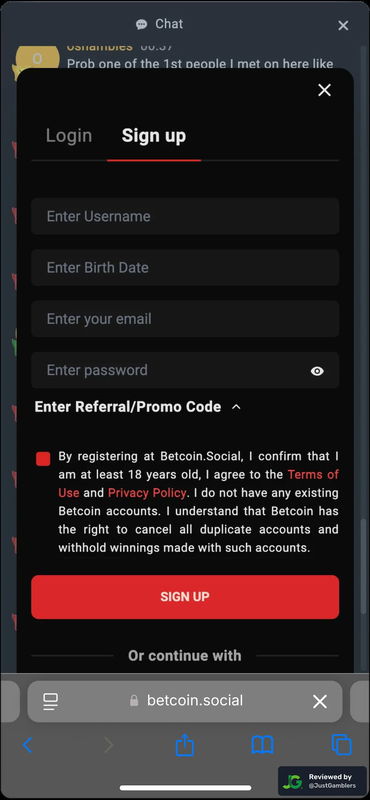 Mobile screenshot of the registration page at Betcoin.Social.