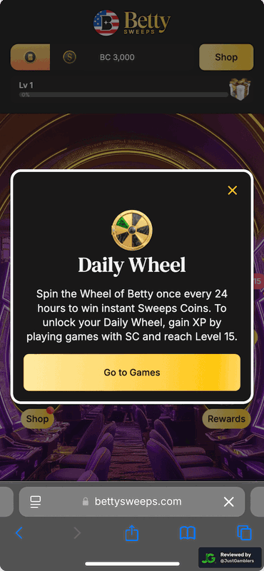 Mobile screenshot of the promo page at BettySweeps.