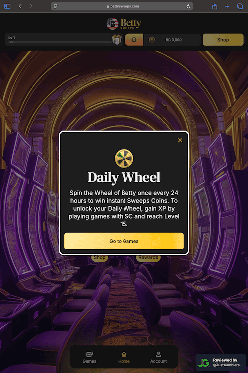 Tablet screenshot of the promo page at BettySweeps.
