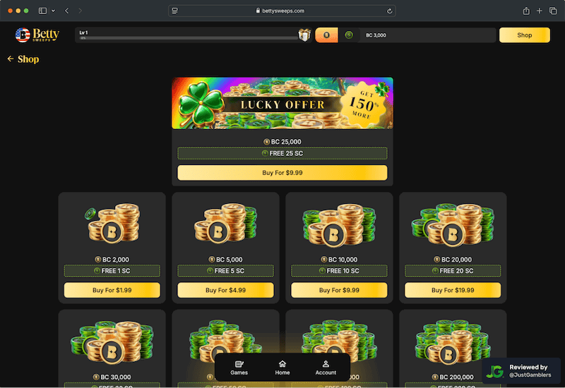 Desktop screenshot of the coin purchase process at BettySweeps.