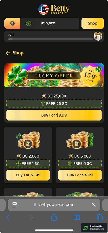 Mobile screenshot of the coin purchase process at BettySweeps.