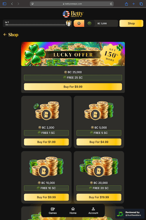 Tablet screenshot of the coin purchase process at BettySweeps.