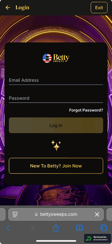 Mobile screenshot of the registration page at BettySweeps.