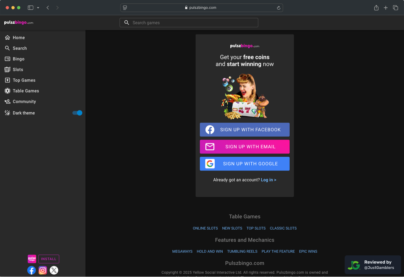 Desktop screenshot of the registration page at Pulsz Bingo.