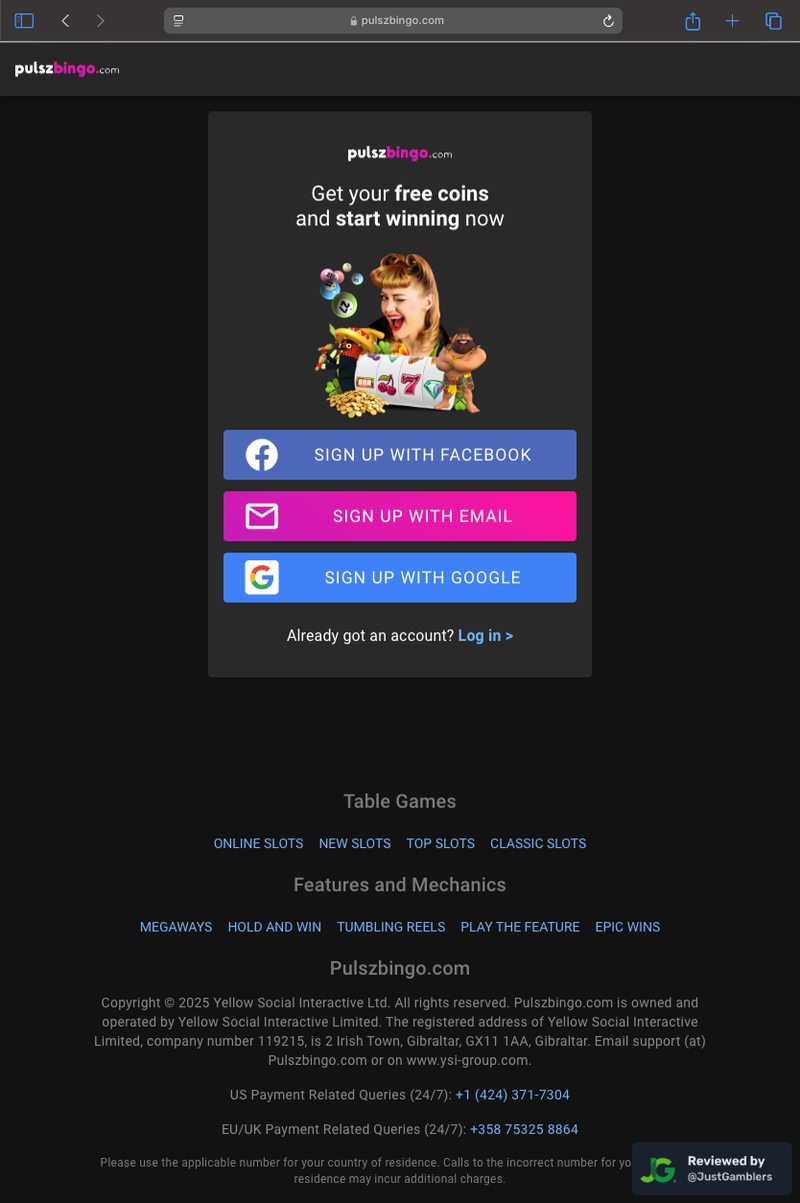 Tablet screenshot of the registration page at Pulsz Bingo.