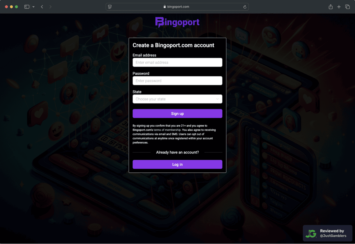 Desktop screenshot of the registration page at Bingoport.