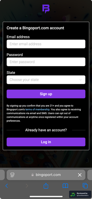 Mobile screenshot of the registration page at Bingoport.