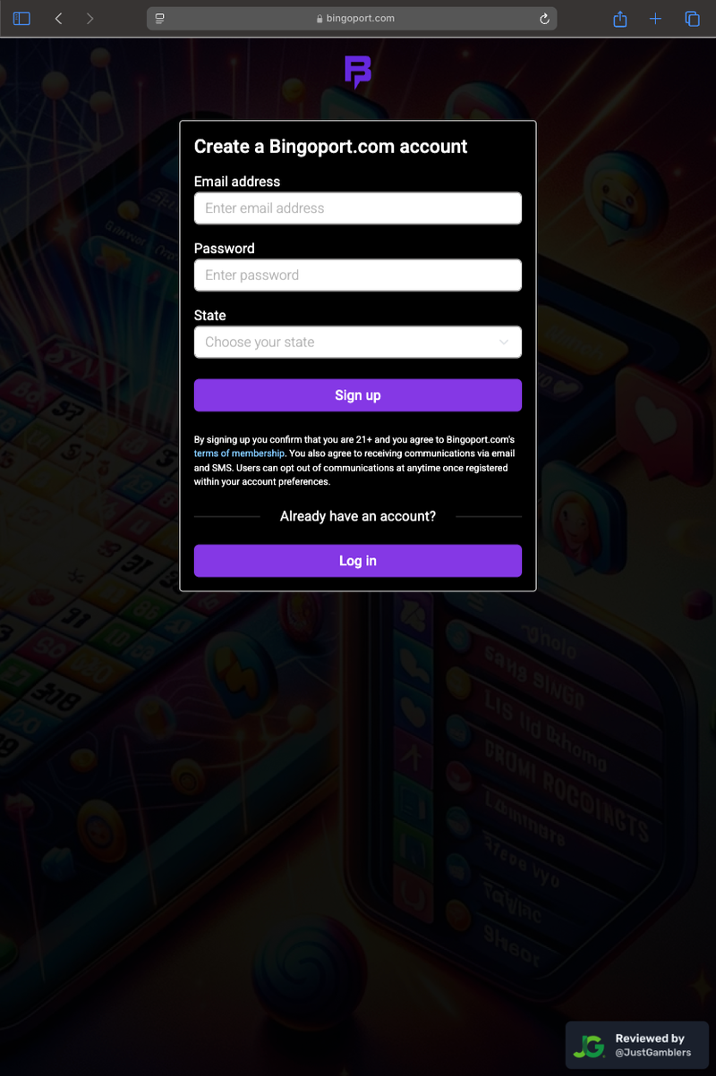 Tablet screenshot of the registration page at Bingoport.