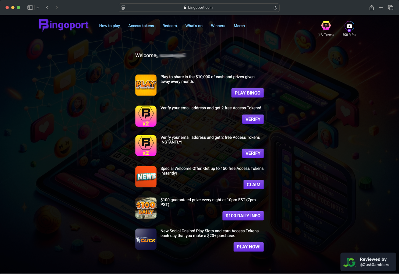 Desktop screenshot of the starting page at Bingport.