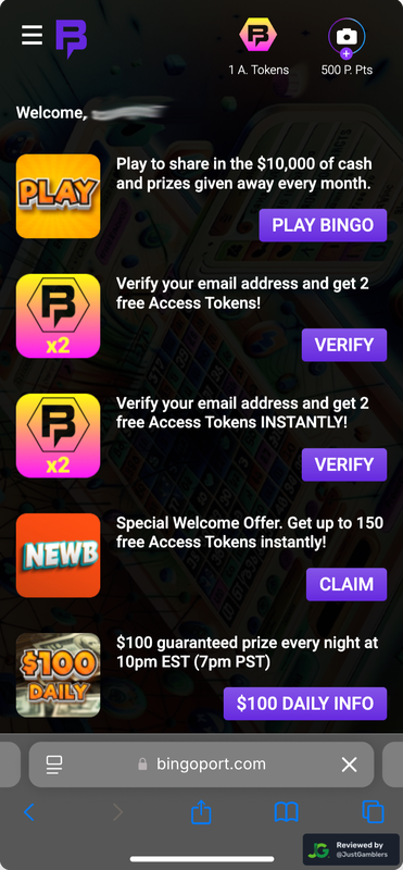 Mobile screenshot of the starting page at Bingoport.