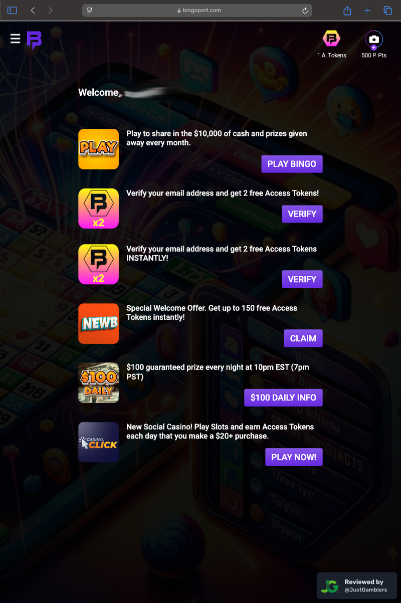 Tablet screenshot of the starting page at Bingoport.