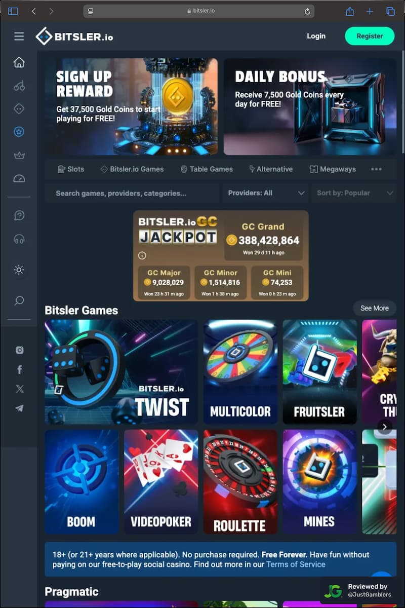 Tablet screenshot of the starting page at Bitsler.