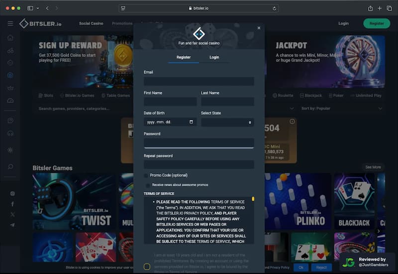 Desktop screenshot of the registration page at Bitsler.