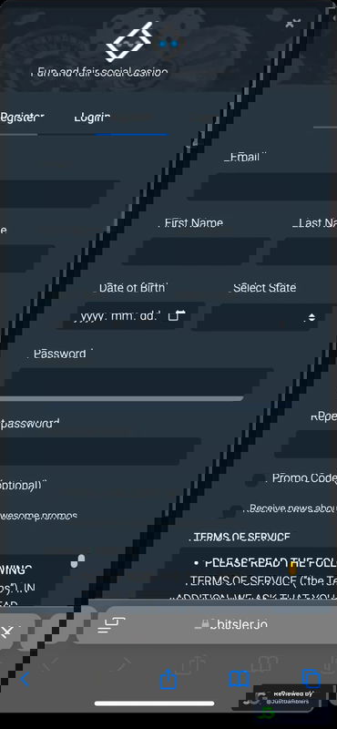 Mobile screenshot of the registration page at Bitsler.