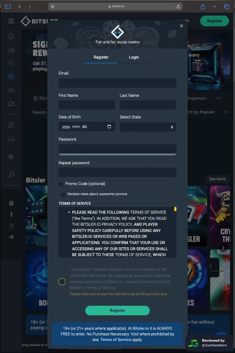 Tablet screenshot of the registration page at Bitsler.