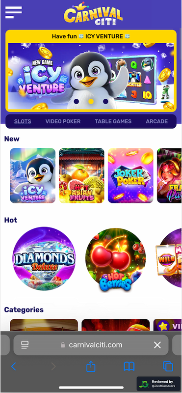 Mobile screenshot of the starting page at Carnival Citi.
