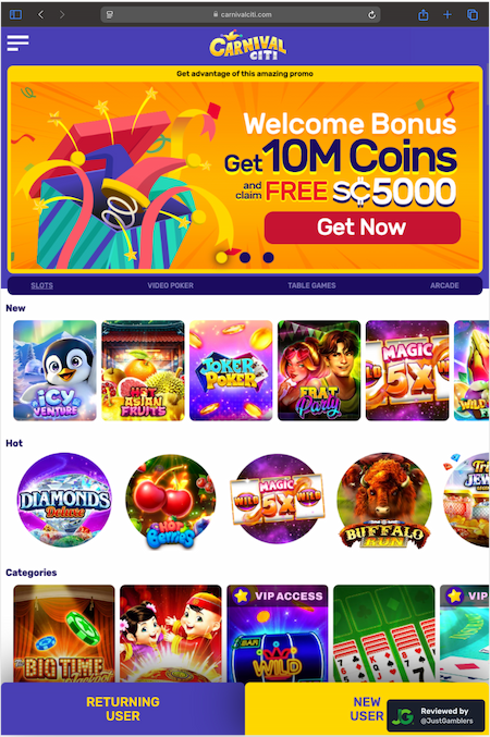 Tablet screenshot of the starting page at Carnival Citi.