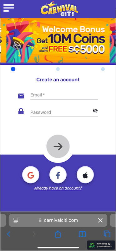 Mobile screenshot of the registration page at Carnival Citi.