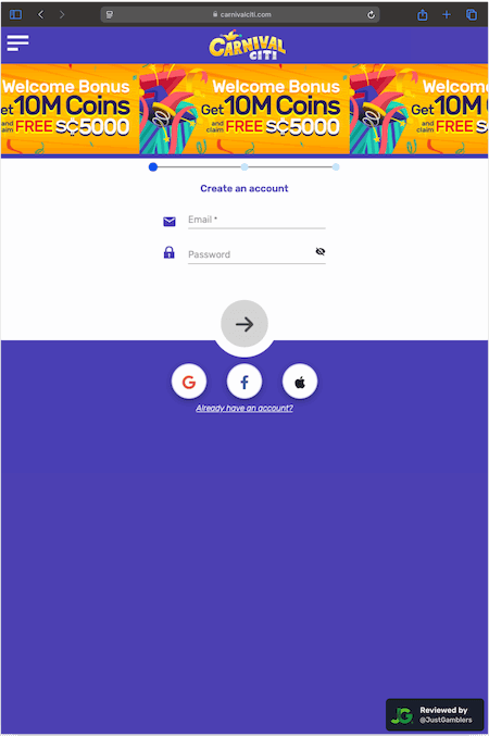 Tablet screenshot of the registration page at Carnival Citi.