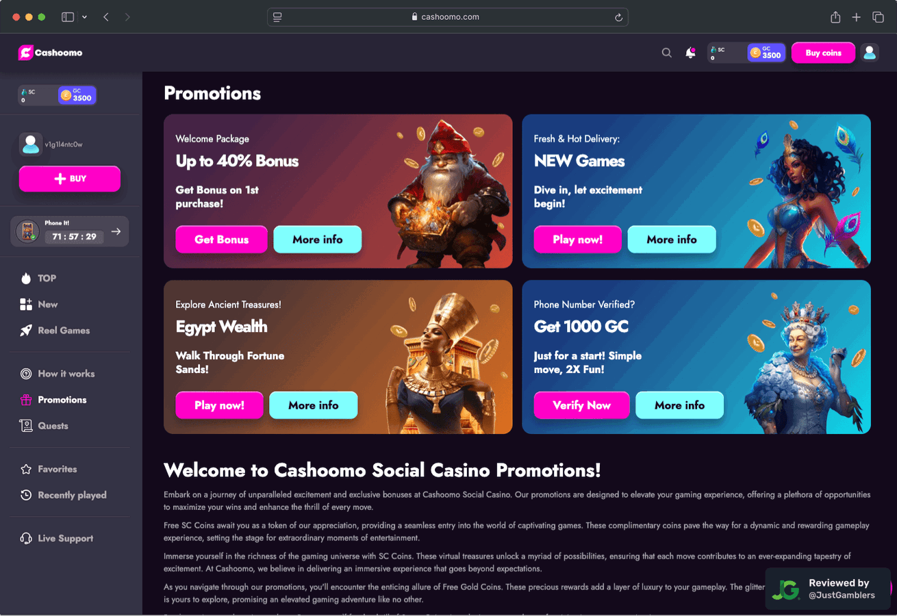Desktop screenshot of the starting page at Cashoomo.