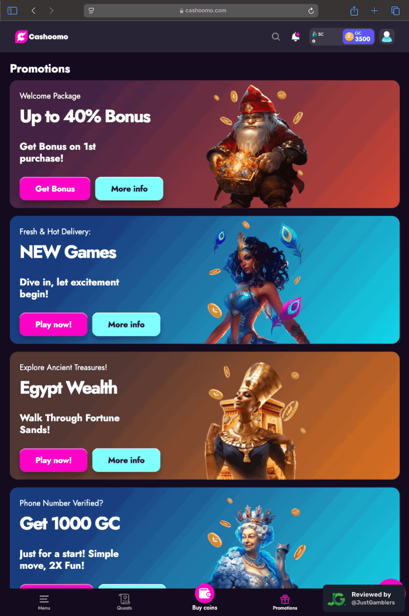 Tablet screenshot of the promo page at Cashoomo.