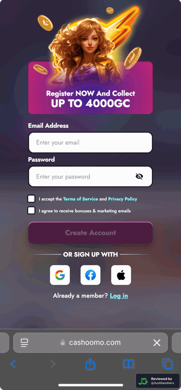 Mobile screenshot of the registration page at Cashoomo.