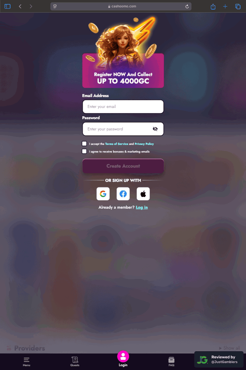 Tablet screenshot of the registration page at Cashoomo.